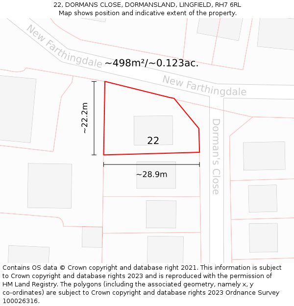 22, DORMANS CLOSE, DORMANSLAND, LINGFIELD, RH7 6RL: Plot and title map