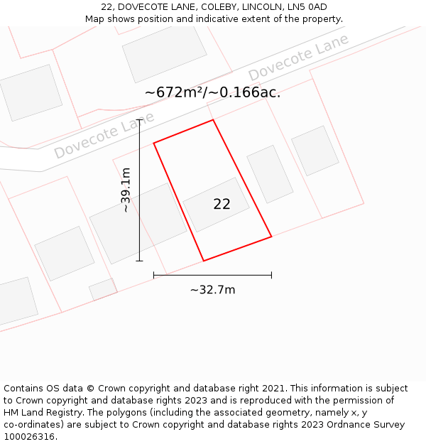 22, DOVECOTE LANE, COLEBY, LINCOLN, LN5 0AD: Plot and title map