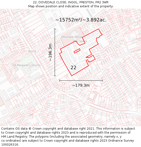 22, DOVEDALE CLOSE, INGOL, PRESTON, PR2 3WR: Plot and title map