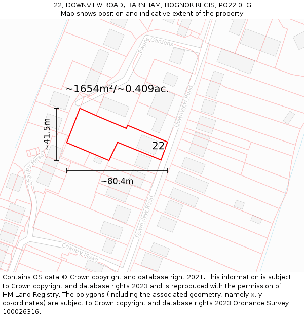 22, DOWNVIEW ROAD, BARNHAM, BOGNOR REGIS, PO22 0EG: Plot and title map