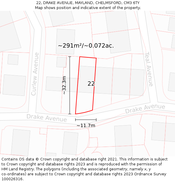 22, DRAKE AVENUE, MAYLAND, CHELMSFORD, CM3 6TY: Plot and title map