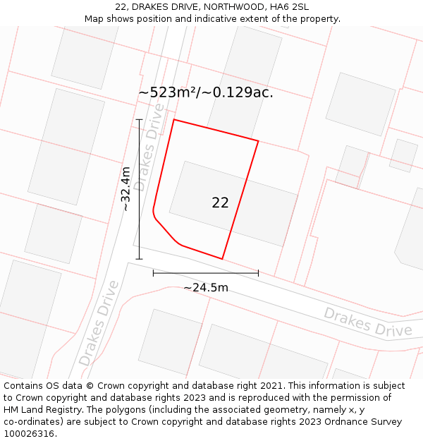 22, DRAKES DRIVE, NORTHWOOD, HA6 2SL: Plot and title map