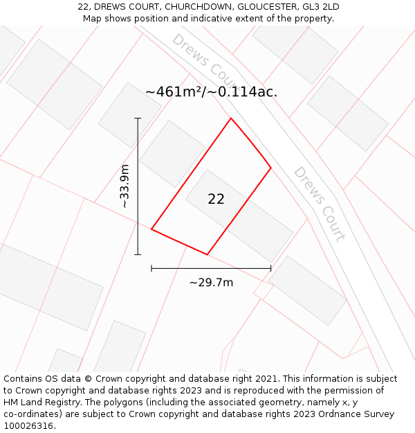 22, DREWS COURT, CHURCHDOWN, GLOUCESTER, GL3 2LD: Plot and title map