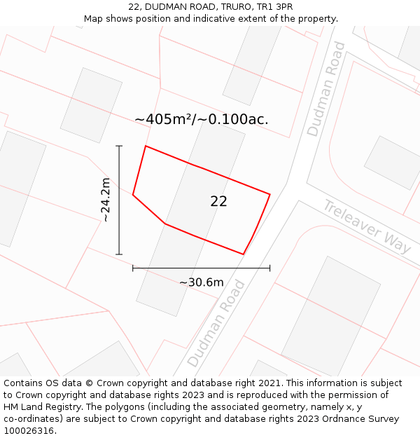 22, DUDMAN ROAD, TRURO, TR1 3PR: Plot and title map