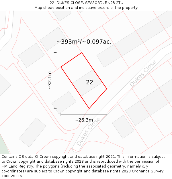 22, DUKES CLOSE, SEAFORD, BN25 2TU: Plot and title map