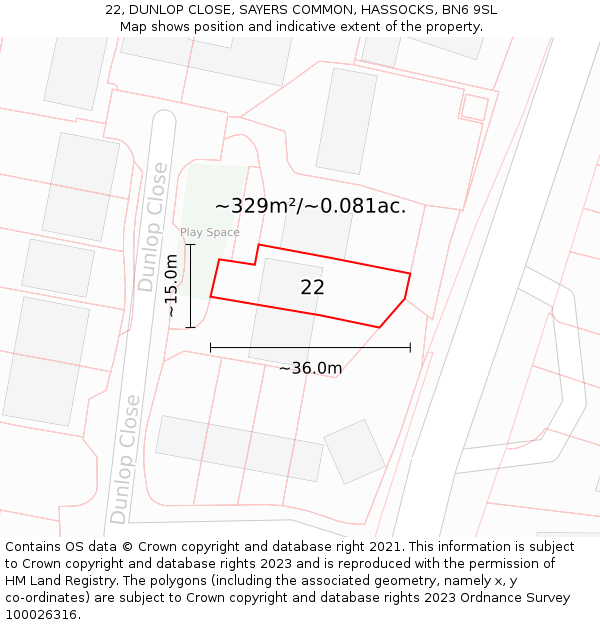 22, DUNLOP CLOSE, SAYERS COMMON, HASSOCKS, BN6 9SL: Plot and title map