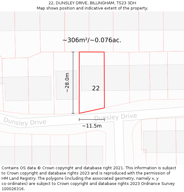 22, DUNSLEY DRIVE, BILLINGHAM, TS23 3DH: Plot and title map