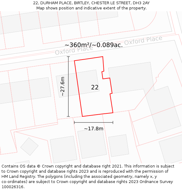 22, DURHAM PLACE, BIRTLEY, CHESTER LE STREET, DH3 2AY: Plot and title map