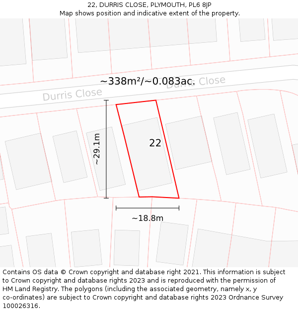 22, DURRIS CLOSE, PLYMOUTH, PL6 8JP: Plot and title map