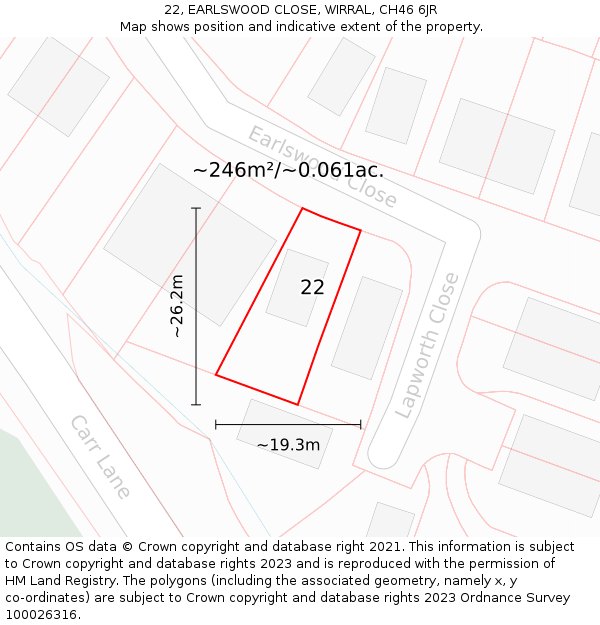 22, EARLSWOOD CLOSE, WIRRAL, CH46 6JR: Plot and title map