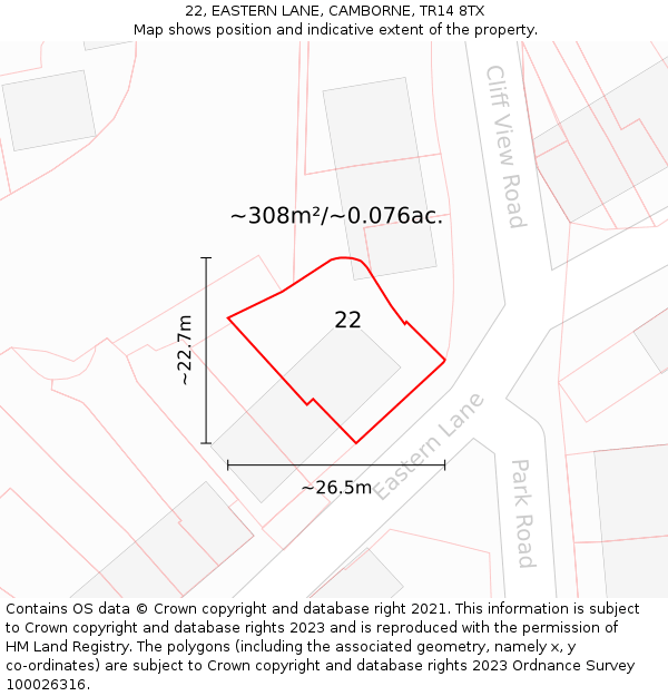 22, EASTERN LANE, CAMBORNE, TR14 8TX: Plot and title map