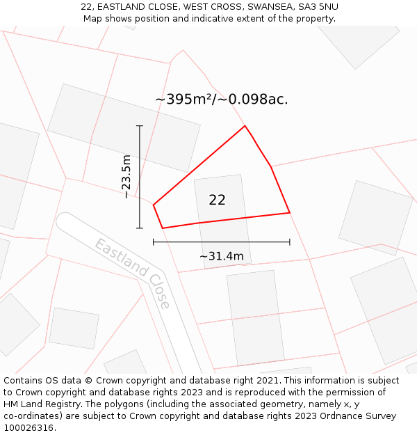 22, EASTLAND CLOSE, WEST CROSS, SWANSEA, SA3 5NU: Plot and title map