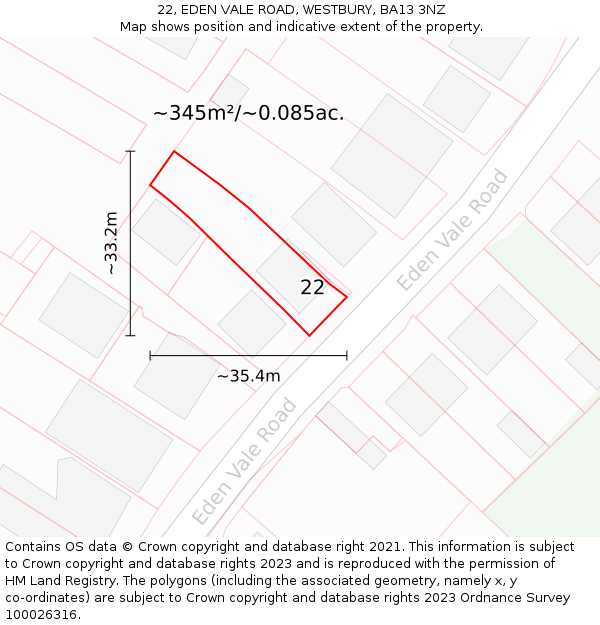 22, EDEN VALE ROAD, WESTBURY, BA13 3NZ: Plot and title map