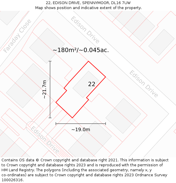 22, EDISON DRIVE, SPENNYMOOR, DL16 7UW: Plot and title map