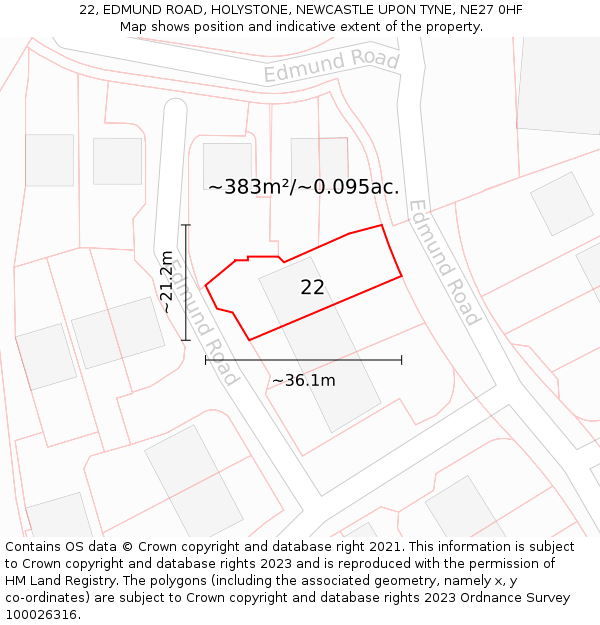 22, EDMUND ROAD, HOLYSTONE, NEWCASTLE UPON TYNE, NE27 0HF: Plot and title map