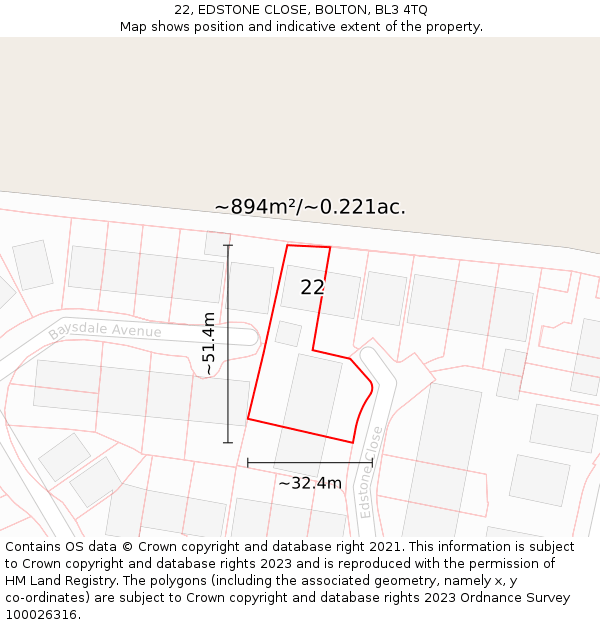 22, EDSTONE CLOSE, BOLTON, BL3 4TQ: Plot and title map
