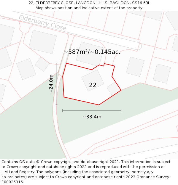 22, ELDERBERRY CLOSE, LANGDON HILLS, BASILDON, SS16 6RL: Plot and title map