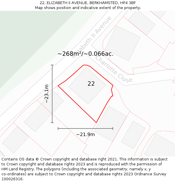 22, ELIZABETH II AVENUE, BERKHAMSTED, HP4 3BF: Plot and title map