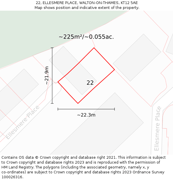 22, ELLESMERE PLACE, WALTON-ON-THAMES, KT12 5AE: Plot and title map