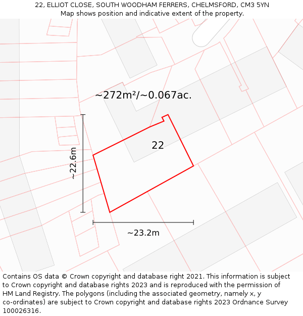 22, ELLIOT CLOSE, SOUTH WOODHAM FERRERS, CHELMSFORD, CM3 5YN: Plot and title map