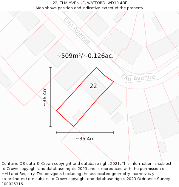 22, ELM AVENUE, WATFORD, WD19 4BE: Plot and title map