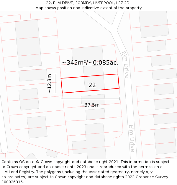 22, ELM DRIVE, FORMBY, LIVERPOOL, L37 2DL: Plot and title map