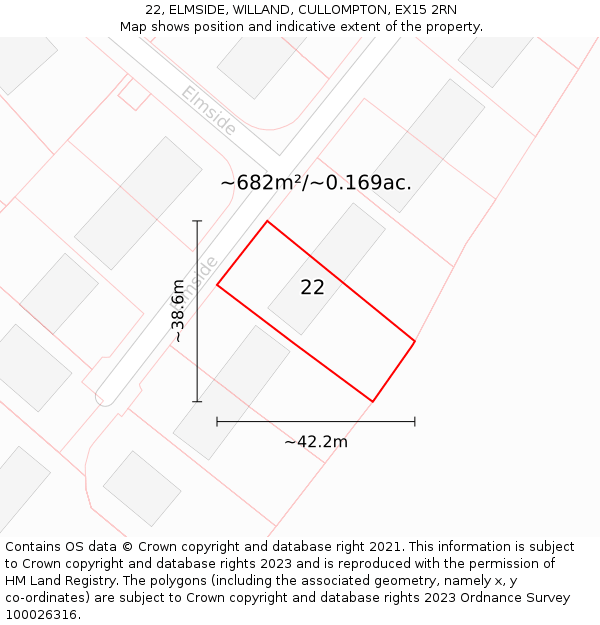 22, ELMSIDE, WILLAND, CULLOMPTON, EX15 2RN: Plot and title map