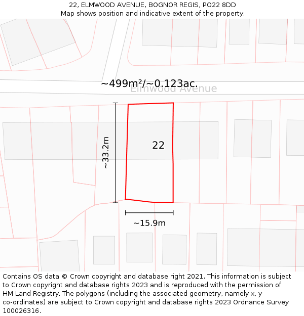 22, ELMWOOD AVENUE, BOGNOR REGIS, PO22 8DD: Plot and title map