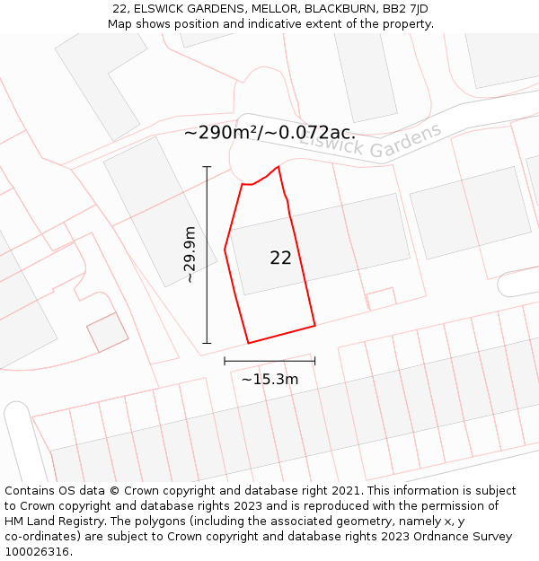 22, ELSWICK GARDENS, MELLOR, BLACKBURN, BB2 7JD: Plot and title map