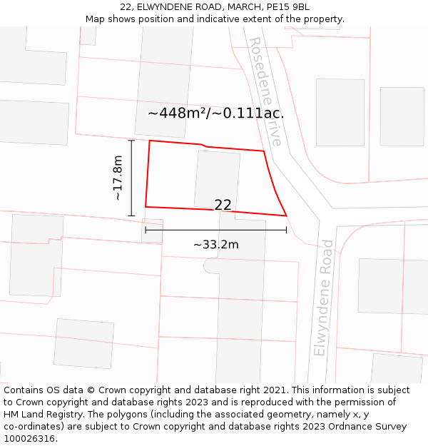 22, ELWYNDENE ROAD, MARCH, PE15 9BL: Plot and title map