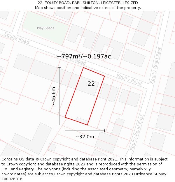 22, EQUITY ROAD, EARL SHILTON, LEICESTER, LE9 7FD: Plot and title map