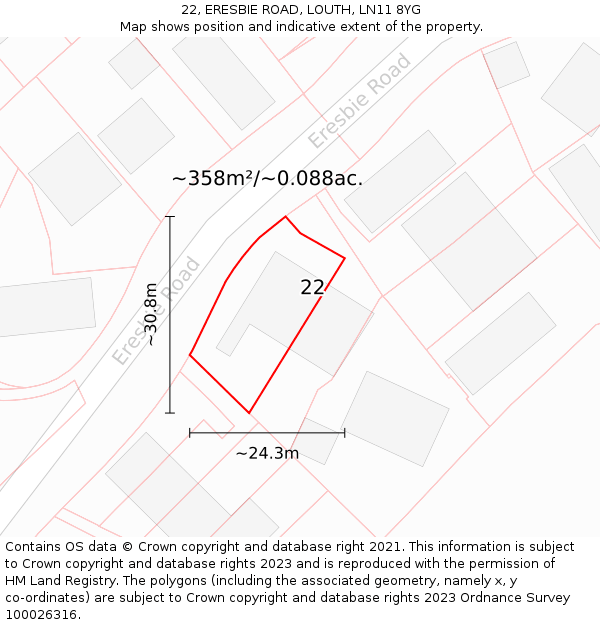 22, ERESBIE ROAD, LOUTH, LN11 8YG: Plot and title map