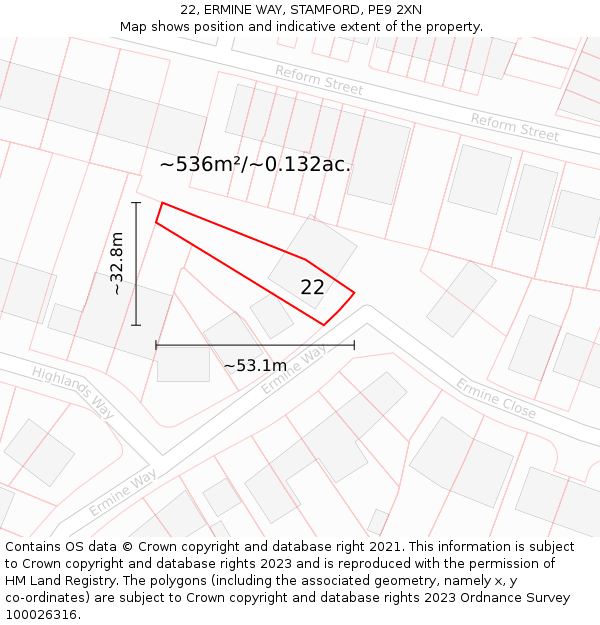 22, ERMINE WAY, STAMFORD, PE9 2XN: Plot and title map