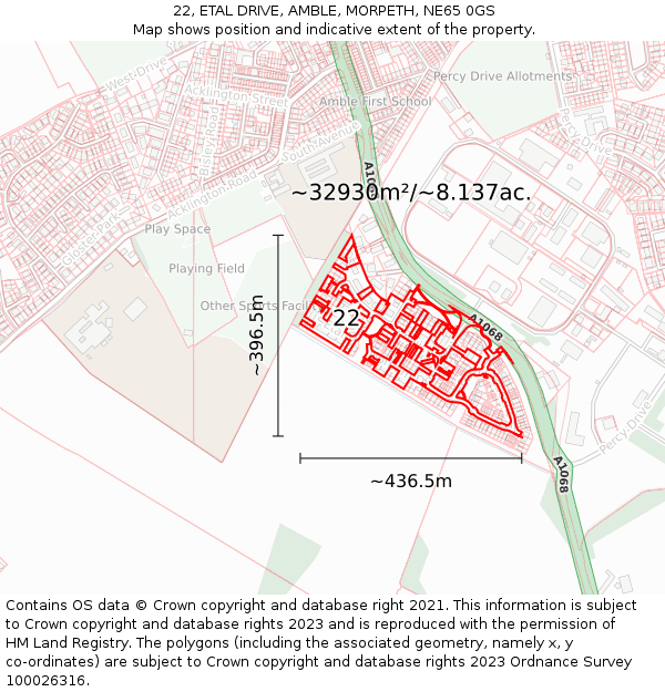 22, ETAL DRIVE, AMBLE, MORPETH, NE65 0GS: Plot and title map