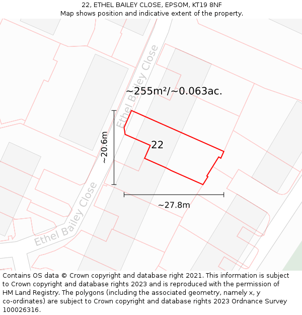 22, ETHEL BAILEY CLOSE, EPSOM, KT19 8NF: Plot and title map