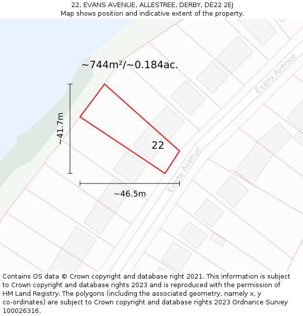 22, EVANS AVENUE, ALLESTREE, DERBY, DE22 2EJ: Plot and title map