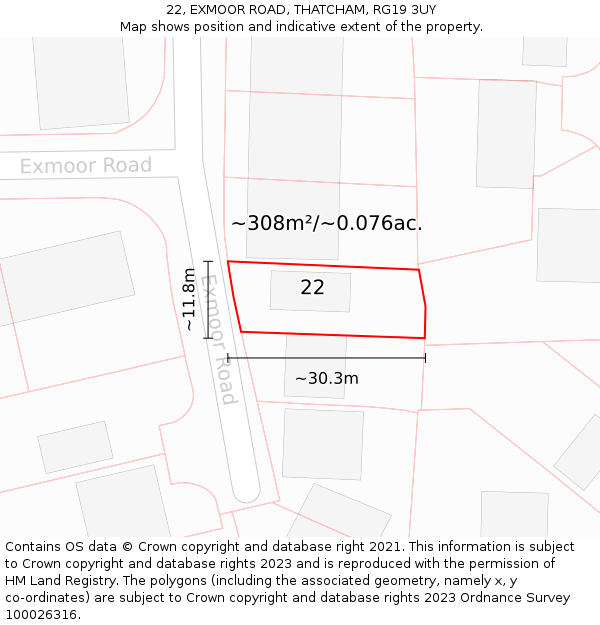 22, EXMOOR ROAD, THATCHAM, RG19 3UY: Plot and title map