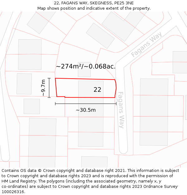 22, FAGANS WAY, SKEGNESS, PE25 3NE: Plot and title map