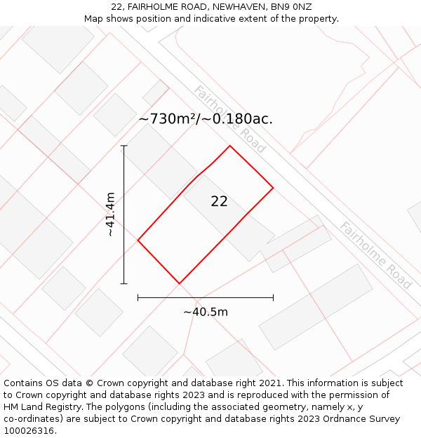 22, FAIRHOLME ROAD, NEWHAVEN, BN9 0NZ: Plot and title map