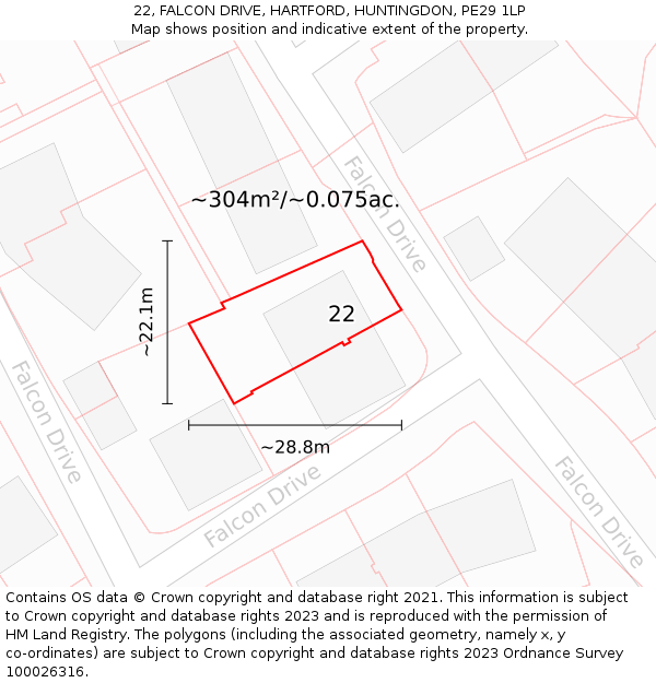 22, FALCON DRIVE, HARTFORD, HUNTINGDON, PE29 1LP: Plot and title map