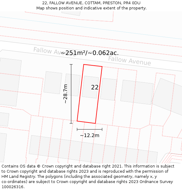 22, FALLOW AVENUE, COTTAM, PRESTON, PR4 0DU: Plot and title map