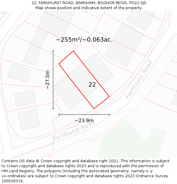 22, FARNHURST ROAD, BARNHAM, BOGNOR REGIS, PO22 0JS: Plot and title map