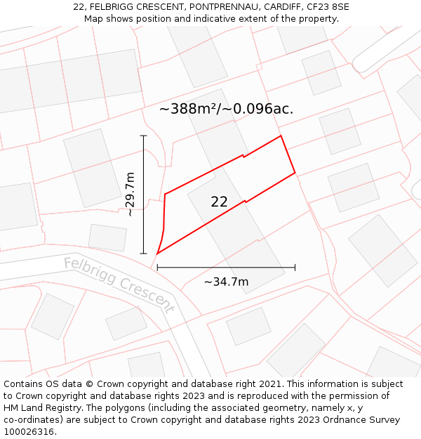 22, FELBRIGG CRESCENT, PONTPRENNAU, CARDIFF, CF23 8SE: Plot and title map