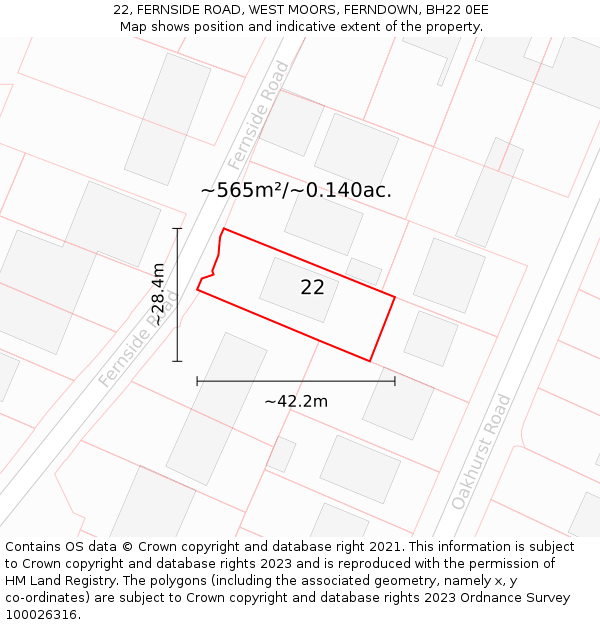 22, FERNSIDE ROAD, WEST MOORS, FERNDOWN, BH22 0EE: Plot and title map