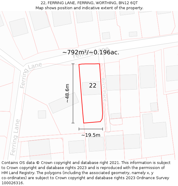 22, FERRING LANE, FERRING, WORTHING, BN12 6QT: Plot and title map