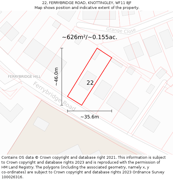 22, FERRYBRIDGE ROAD, KNOTTINGLEY, WF11 8JF: Plot and title map