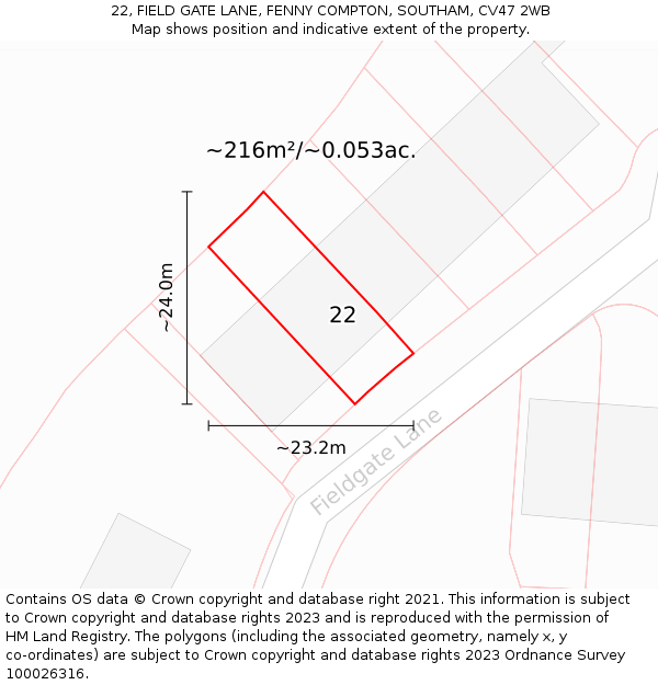 22, FIELD GATE LANE, FENNY COMPTON, SOUTHAM, CV47 2WB: Plot and title map