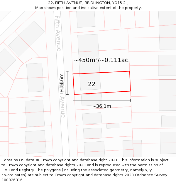 22, FIFTH AVENUE, BRIDLINGTON, YO15 2LJ: Plot and title map