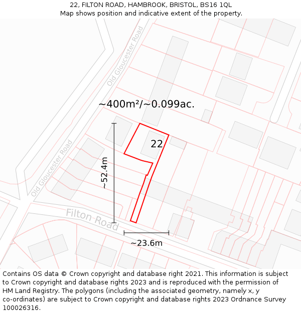 22, FILTON ROAD, HAMBROOK, BRISTOL, BS16 1QL: Plot and title map