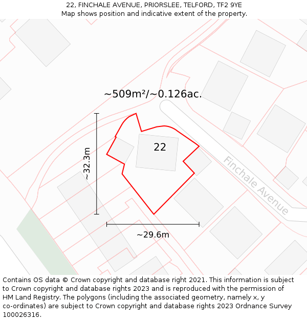 22, FINCHALE AVENUE, PRIORSLEE, TELFORD, TF2 9YE: Plot and title map